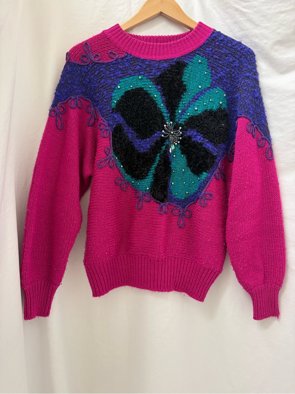 Vintage Jaclyn Smith Fuchsia Sweater with Teal, Black & Purple Floral Accent